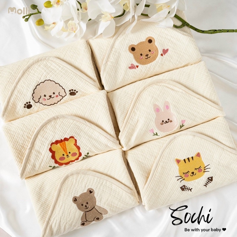 Ủ choàng vải xô họa tiết thêu xinh xắn kích thước 80x80cm cho bé