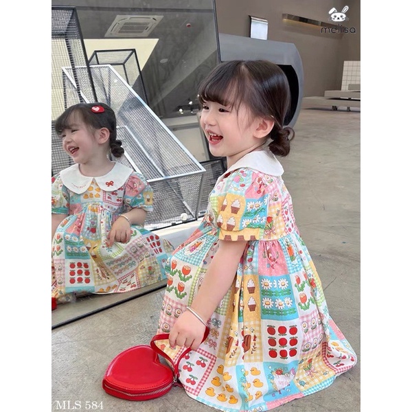 Đầm Melisa hoạ tiết hoa bé gái cổ sen thêu đáng yêu cho bé gái