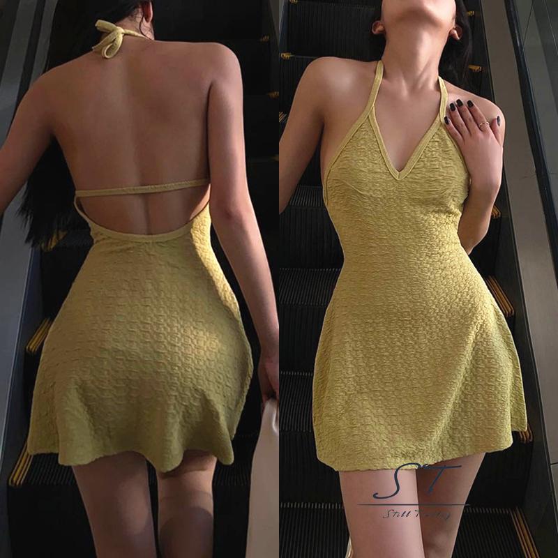 Đầm Ngắn Không Tay Cổ Chữ V Màu Trơn Thời Trang Dành Cho Nữ CY03 One