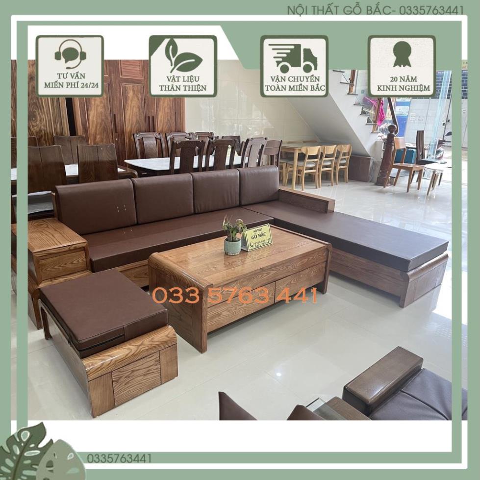 Bàn ghế sofa gỗ sồi nga 100% kiểu dáng góc L chân cuốn sang trọng kích thước phù hợp nhiều không gian