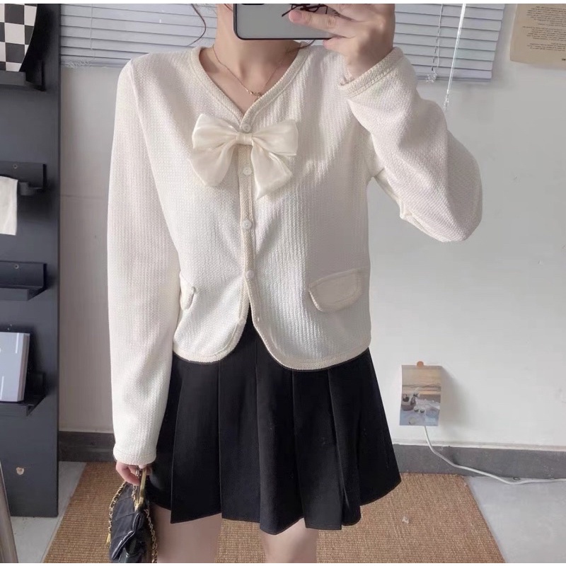 Áo kiểu nữ tay dài kèm nơ hàng Quảng Châu xốp tăm, áo khoác mùa đông nữ thời trang Hàn Quốc giả túi dài tay 89701 5