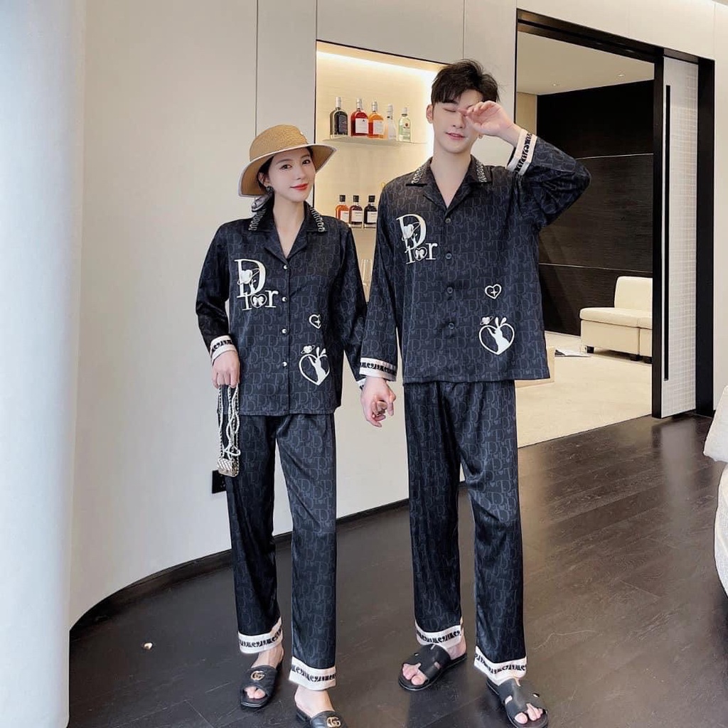 Pijama Dài Tay Lụa Dành Cho Cặp Đôi Cao Cấp Bộ Đồ Ngủ Nam Nữ Mặc Nhà Chất Lụa Bóng Siêu Mềm