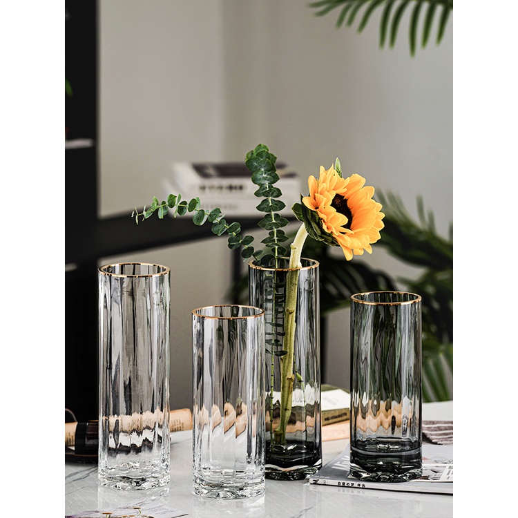 Bình hoa thủy tinh trụ viền vàng decor phòng ngủ và trang trí phòng khách cao cấp