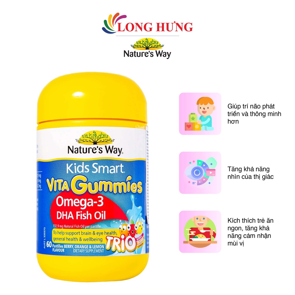 Kẹo dẻo Nature's Way Kids Smart Vita Gummies Omega-3 DHA Fish Oil hỗ trợ tăng cường sức khỏe (60 viên)
