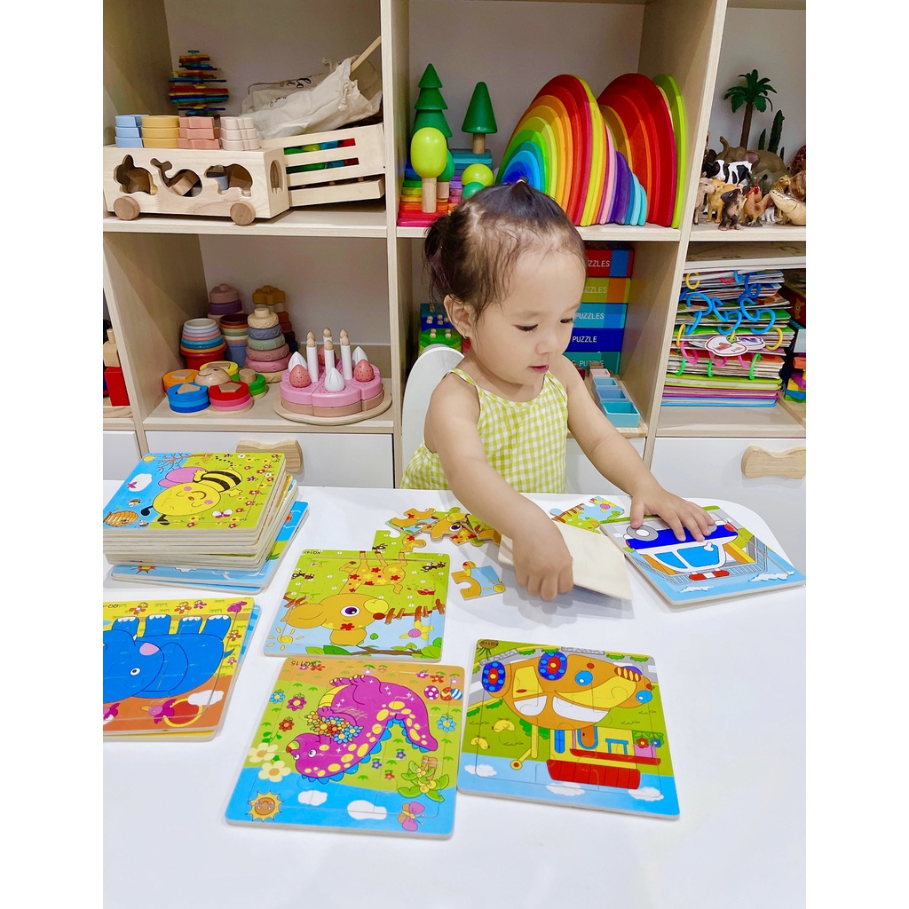 Tranh gỗ ghép hình 9 mảnh nhiều hình ngộ nghĩnh size to 15*15cm cho bé