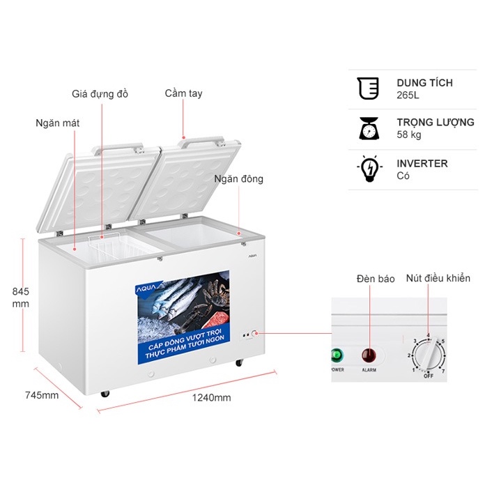 Tủ đông/MÁT  Aqua Inverter 365 lít AQF-C5702E 2 CỬA MỞ - BẢO HÀNH CHÍNH HÃNG 2 NĂM TẬN NƠI