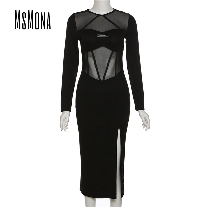 MsMona Đầm Tay Dài Cổ Tròn Màu Trơn Thời Trang 2023 Quyến Rũ Cho Nữ
