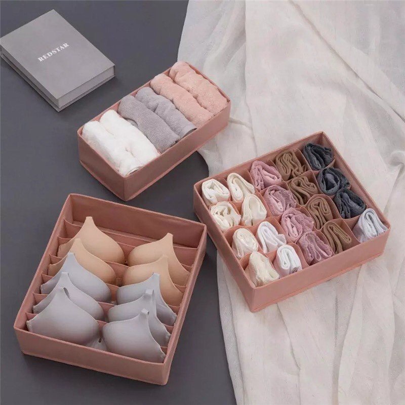 Sét 3 hộp vải cứng cáp dày đẹp bằng vải không dệt cao cấp chia nhiều ngăn nhỏ để và bảo quản áo lót, quần chip, vớ tất