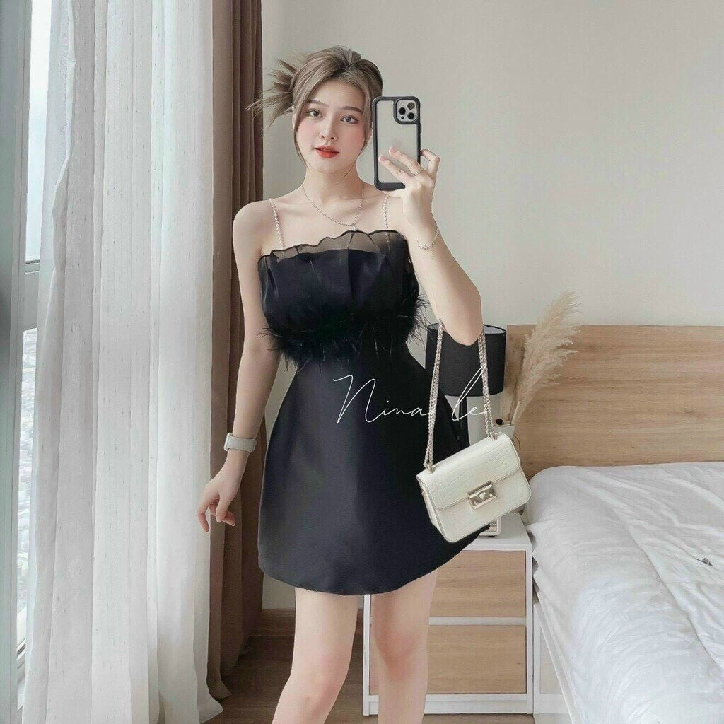 Đầm ống trên phối kiểu đính lông dáng chữ A cực hot , chất tafta mềm mát