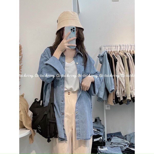 Áo sơ mi bò trơn dài tay form rộng Sơ mi Jean UNISEX tay dài Áo Denim Hàn Quốc - W'rose