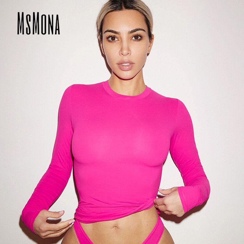 MsMona Áo Thun Tay Dài Cổ Tròn Màu Trơn Dáng Ôm Thời Trang 2023 Dành Cho Bạn Nữ