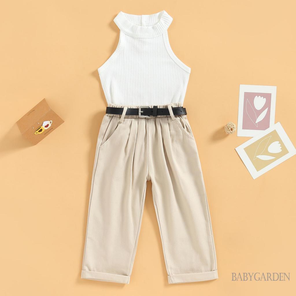 Bộ Áo Ba Lỗ Màu Trơn + Quần Dài Co Giãn Thời Trang Cho Bé Gái 1-6 Tuổi