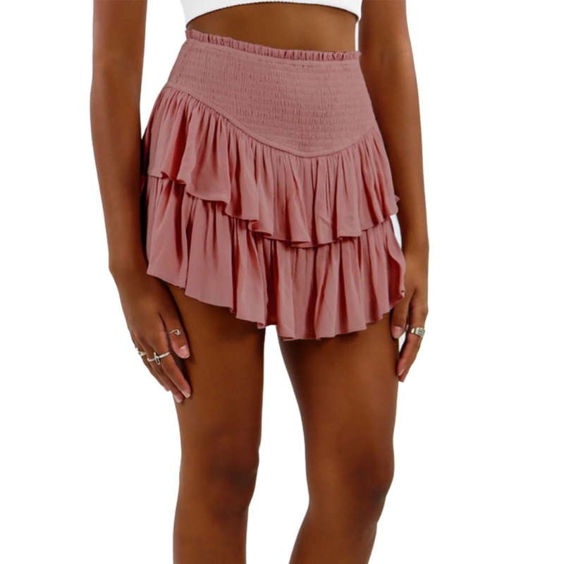 Chân Váy Ngắn Chữ A Xếp Ly Viền Bèo Nhún Màu Trơn Lưng Cao Thời Trang Cho Nữ