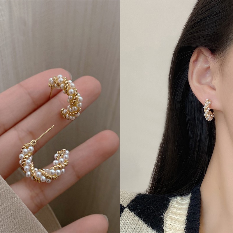Mới Khuyên Tai Dạng Xoắn Đính Ngọc Trai Phong Cách Retro Hàn Quốc