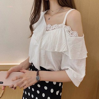 (Order) có bigsize Áo sơ mi lệch hở vai phối ren, bèo đổ siêu xinh