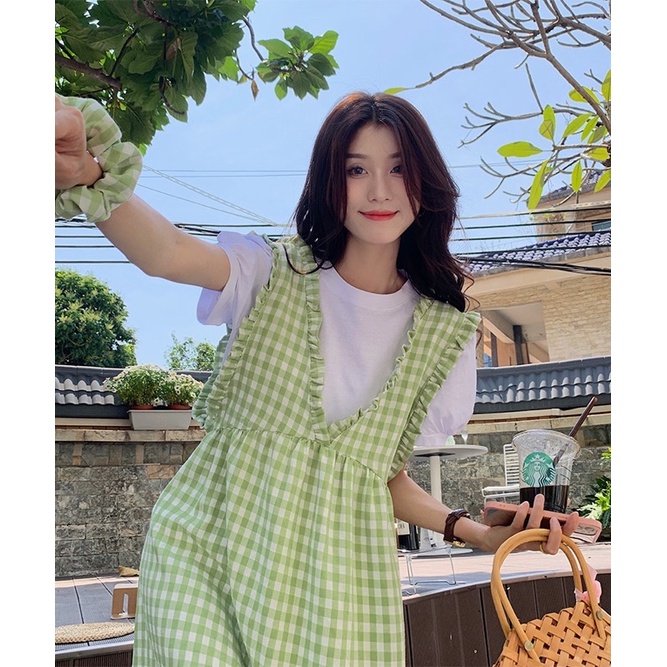 Váy dài nữ, Yếm kẻ caro 💋phong cách ullzang💋 thắt dây vải cotton mềm mát bánh bèo