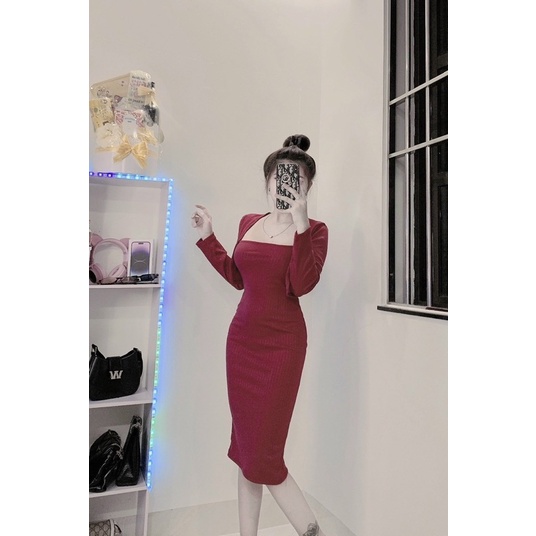 Set Đầm Ống Dài Xương Cá Kèm Khoác Cadigan