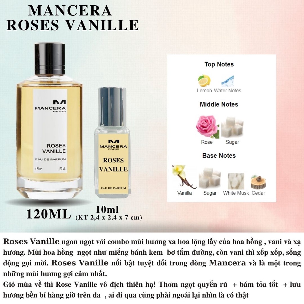 Nước hoa Niche - Mancera ROSES VANILLE ngọt ngào hương hoa hồng vani, bám toả rất tốt