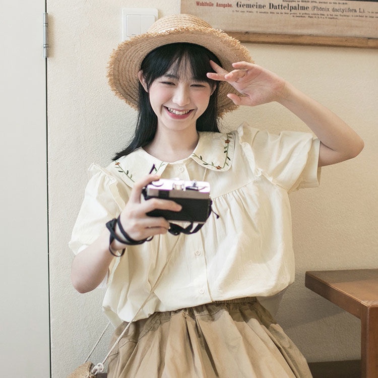 Áo Sơ Mi Mùa Hè 2022 Thiết Kế Mới Thêu Họa Tiết Phong Cách Đại Học Claudine Nhật Bản Cho Nữ