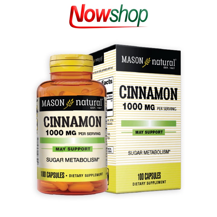 Viên uống ổn định đường huyết Mason Natural Cinnamon 1000mg hỗ trợ chuyển hoá đường và giảm cholesterol. Hộp 100 viên