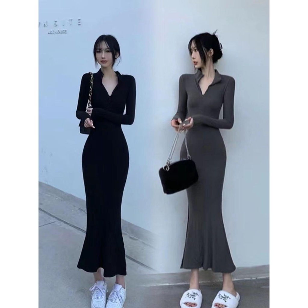 Đầm Đuôi Cá Tay Dài Cổ polo Màu Đen Phong Cách Pháp Cổ Điển Thời Trang Mùa Xuân Cho Nữ