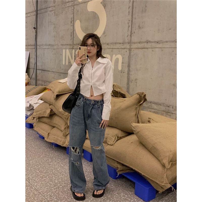 COZOK Áo Sơ Mi Dài Tay Màu Trơn Phối Khóa Kéo Thời Trang