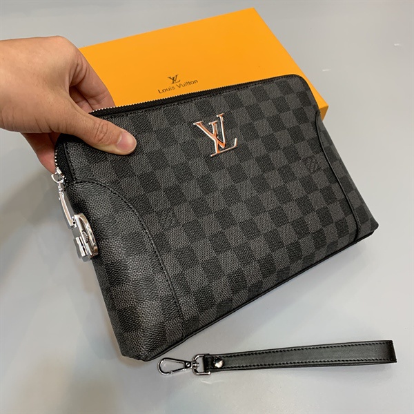 Clutch - Ví cầm tay LV caro đen khóa số cao cấp Da bê 100% - CL006