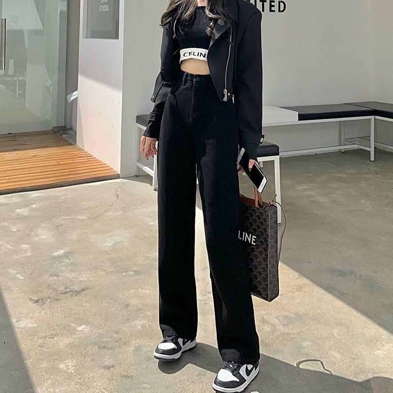 IELGYQuần Jean Đen Ống Rộng Lưng Cao Phong Cách Hàn Quốc Cho Nữ