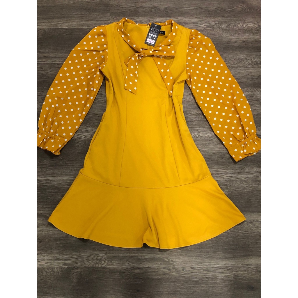 Đầm nữ dáng xòe, tay lỡ họa tiết chấm bi, cổ phối nơ công sở, thiết kế cao cấp dk663