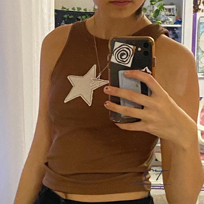 Áo Thun Ba Lỗ CY03 Thêu Ngôi Sao Màu Trắng / Đen / Cà Phê Thời Trang Mùa Hè Cho Nữ