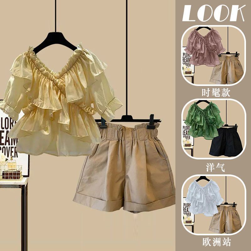 Áo Sơ Mi Chiffon Cổ Chữ V Phối Bèo + Quần Short Thời Trang Mùa Hè Phong Cách Pháp Cho Nữ