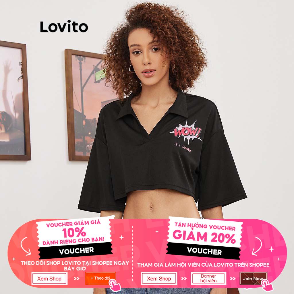 (Hàng có sẵn) Áo thun Lovito dáng ngắn họa tiết chữ cái phong cách thường ngày L19E045 (Màu đen)