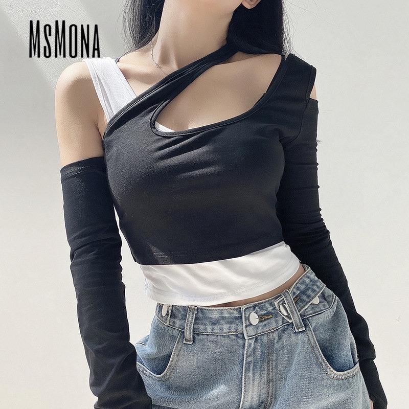 MsMona Áo Thun Tay Dài Dáng Ôm Phối Màu Tương Phản Thời Trang 2023 Cho Nữ