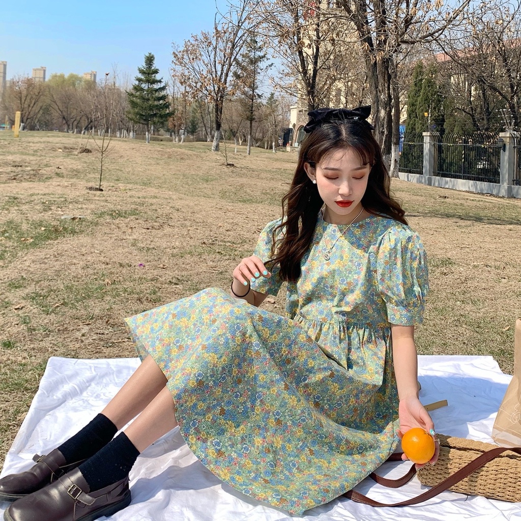 ZHELIHANGFEI Đầm Hoa Ngắn Tay Cổ Tròn Dáng Chữ A Xinh Xắn Dành Cho Nữ