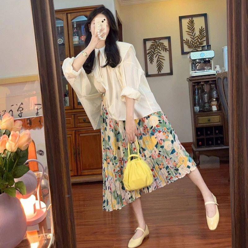 Set Áo Sơ Mi Cổ Bẻ + Chân Váy Hoa Lưng Cao Phong Cách Retro Pháp Mới