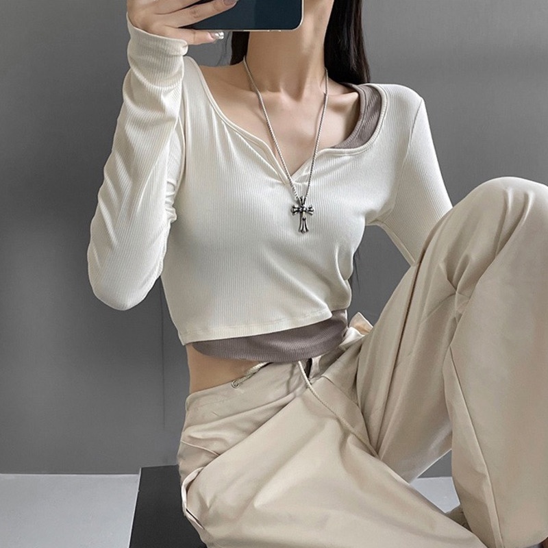 Áo Thun Tay Dài Giả Hai Lớp Màu Sắc Tương Phản Phong Cách Hàn Quốc