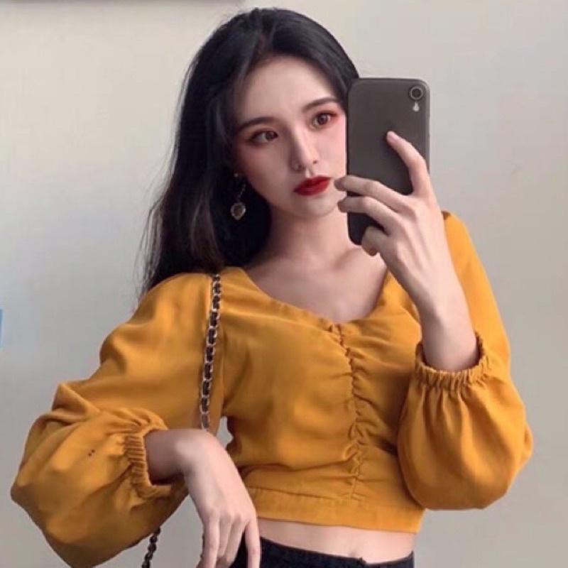 Áo kiểu voan croptop tay dài bo eo nhún ngực thời trang hàng loai 1