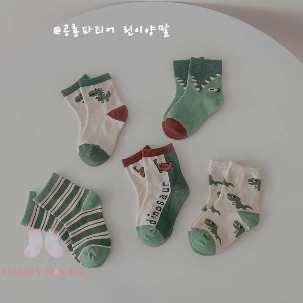 Tất trẻ em, Set 5 đôi tất mẫu khủng long xanh chất liệu cotton mềm mại thoáng khí cho trẻ, Size 5-8, 9-12