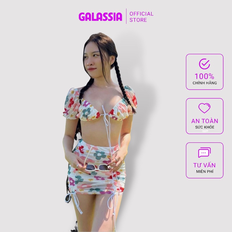 Bikini hoa đi biển đồ bơi nữ 3 mảnh sexy rút dây kín đáo tắm biển mùa hè GALASSIA