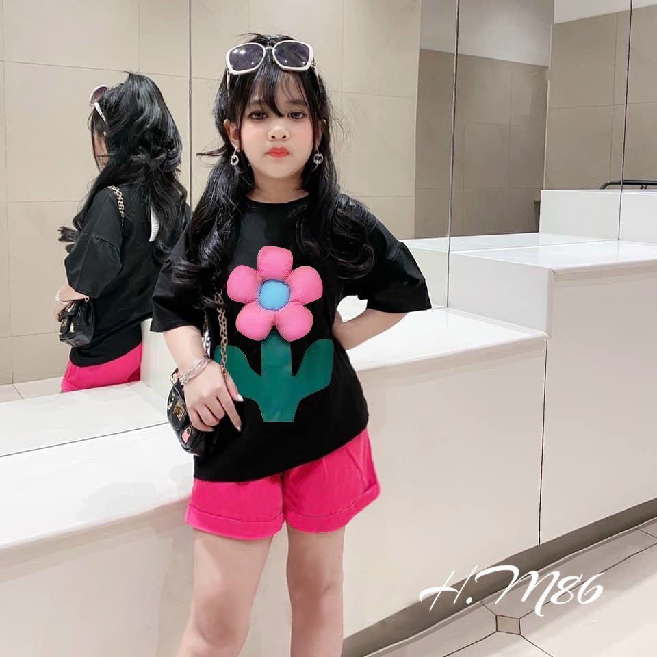 Bộ bé gái hè cotton 4 chiều mềm mát hình bông hoa 3 mầu Hồng, Trắng, Đen XHN1171