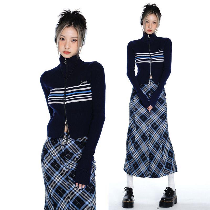 Bộ Áo Sweater Dáng Ngắn Ôm Dáng Phối Chân Váy Eo Cao Kẻ Sọc Kiểu Retro Mỹ Ngọt Ngào Cho Nữ