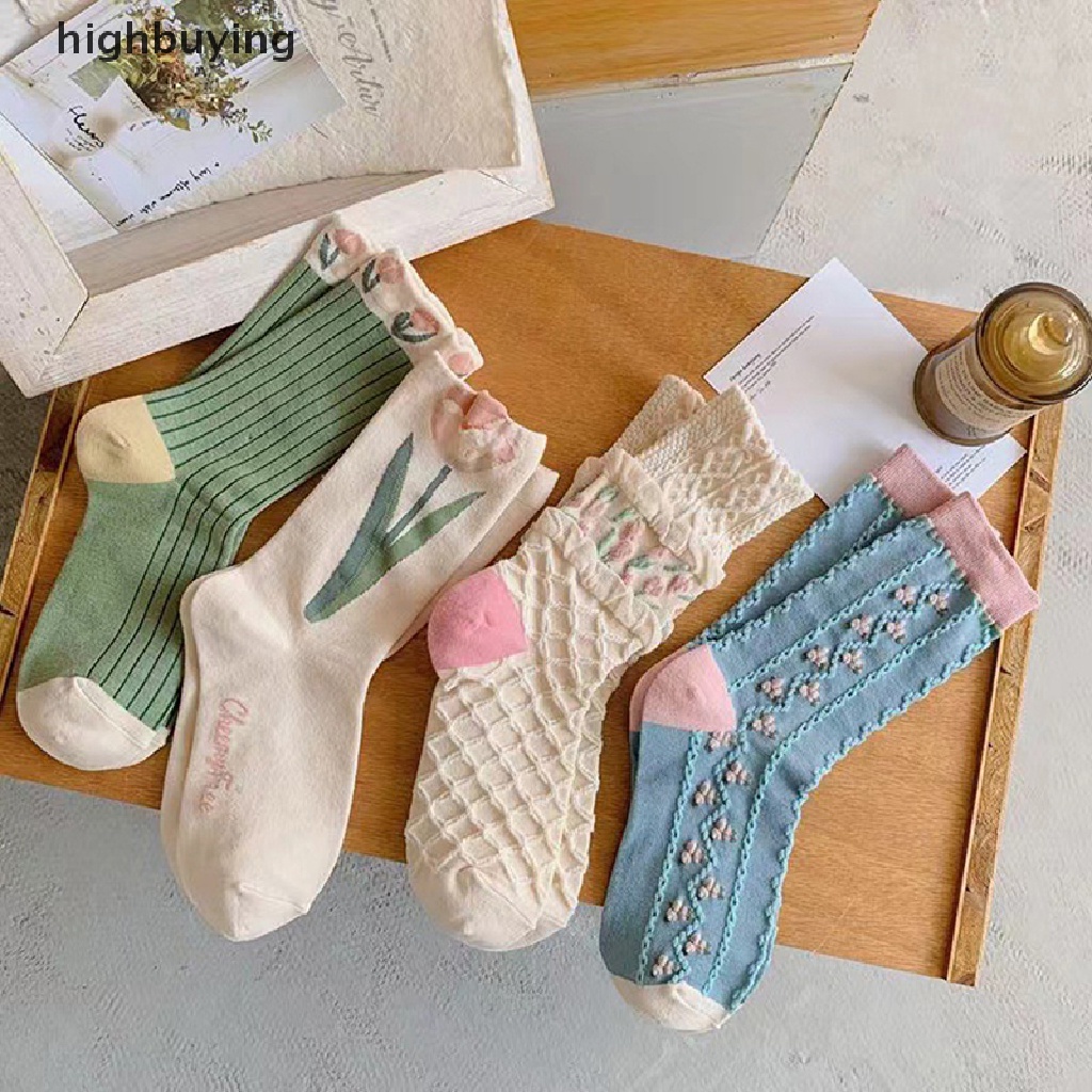 Đôi Tất Cotton Trang Trí Hoa Phong Cách Hàn Quốc Cho Nữ