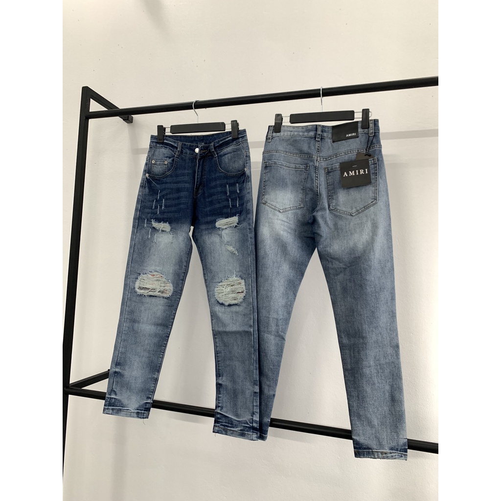 Quần jean nam xanh nhạt rách 1729 dáng slim fit dày dặn co dãn tốt