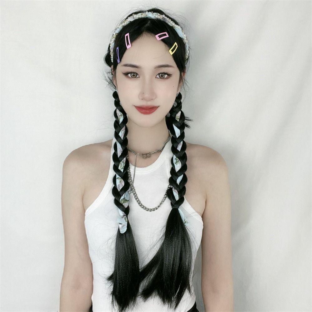 WMES15H Tóc Giả Thắt Bím Đuôi Ngựa Bằng Sợi Tổng Hợp Cao Cấp Màu Đen / Nâu Đính Ngọc Trai