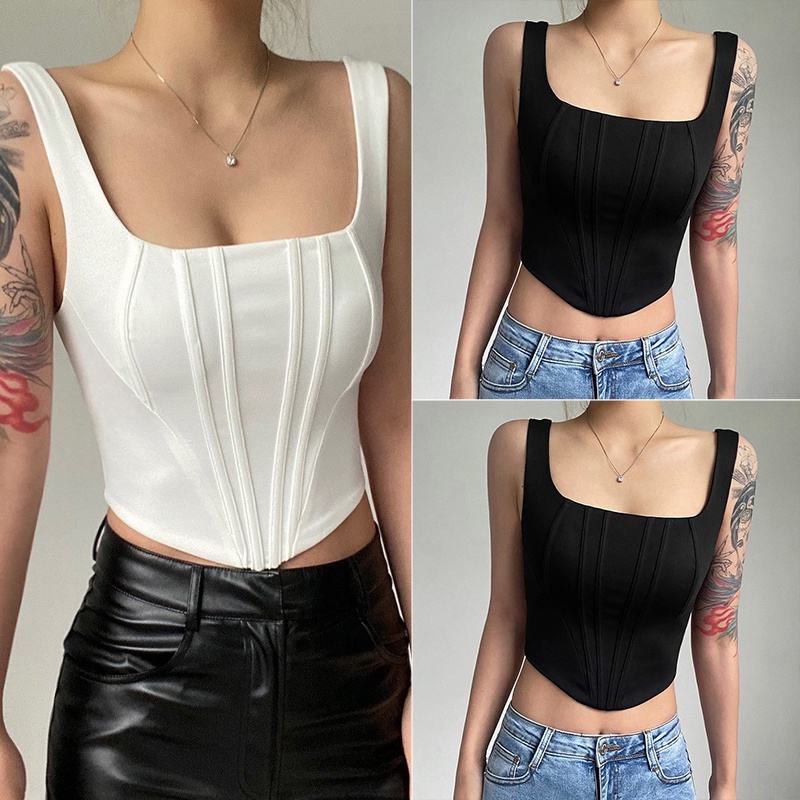[] - Áo Tank Top Sát Nách Cổ Vuông Màu Trơn Dáng Ôm Thời Trang Mùa Hè Dành Cho Nữ