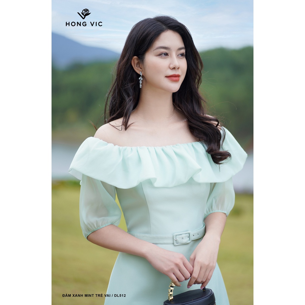 Đầm nữ thiết kế Hong Vic xanh mint trễ vai DL512