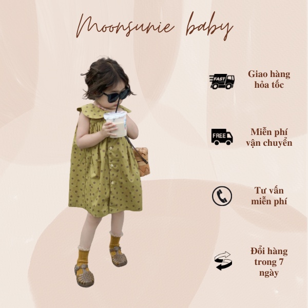 Váy sát nách chất liệu thô, họa tiết chấm bi cho bé gái 2-8 tuổi Váy mùa hè đi chơi biển, du lịch