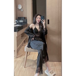 Đồ mặc nhà 2 dây Sexy lụa satin - latin Siêu Mát set bộ hai dây kèm áo choàng cao cấp