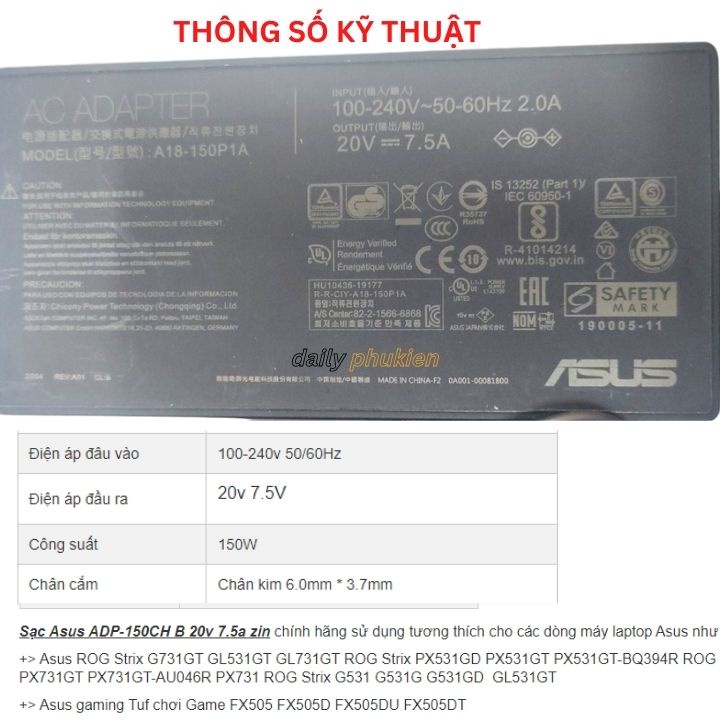 Sạc pin laptop gaming Asus Tuf FX505DD, FX505DU 20v 7.5a