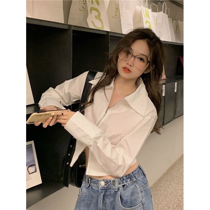 COZOK Áo Sơ Mi Dài Tay Màu Trơn Phối Khóa Kéo Thời Trang